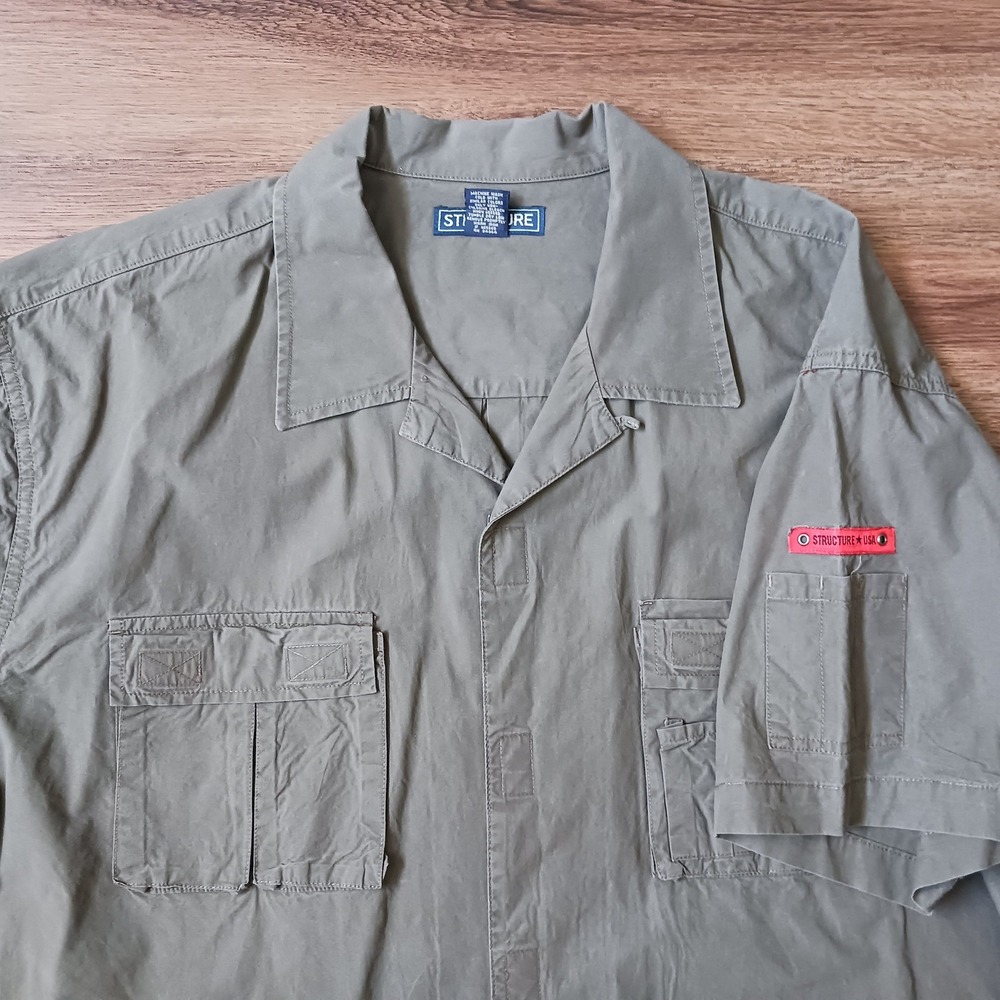 Structure Mens XL Olive Green Utility Button Down Shirt Short Sleeve Cotton